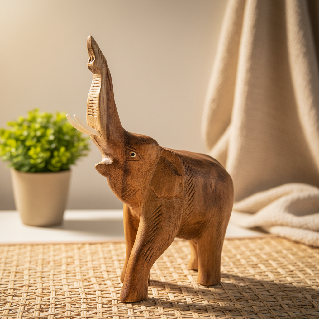 Elephant raising trunk carving in natural setting